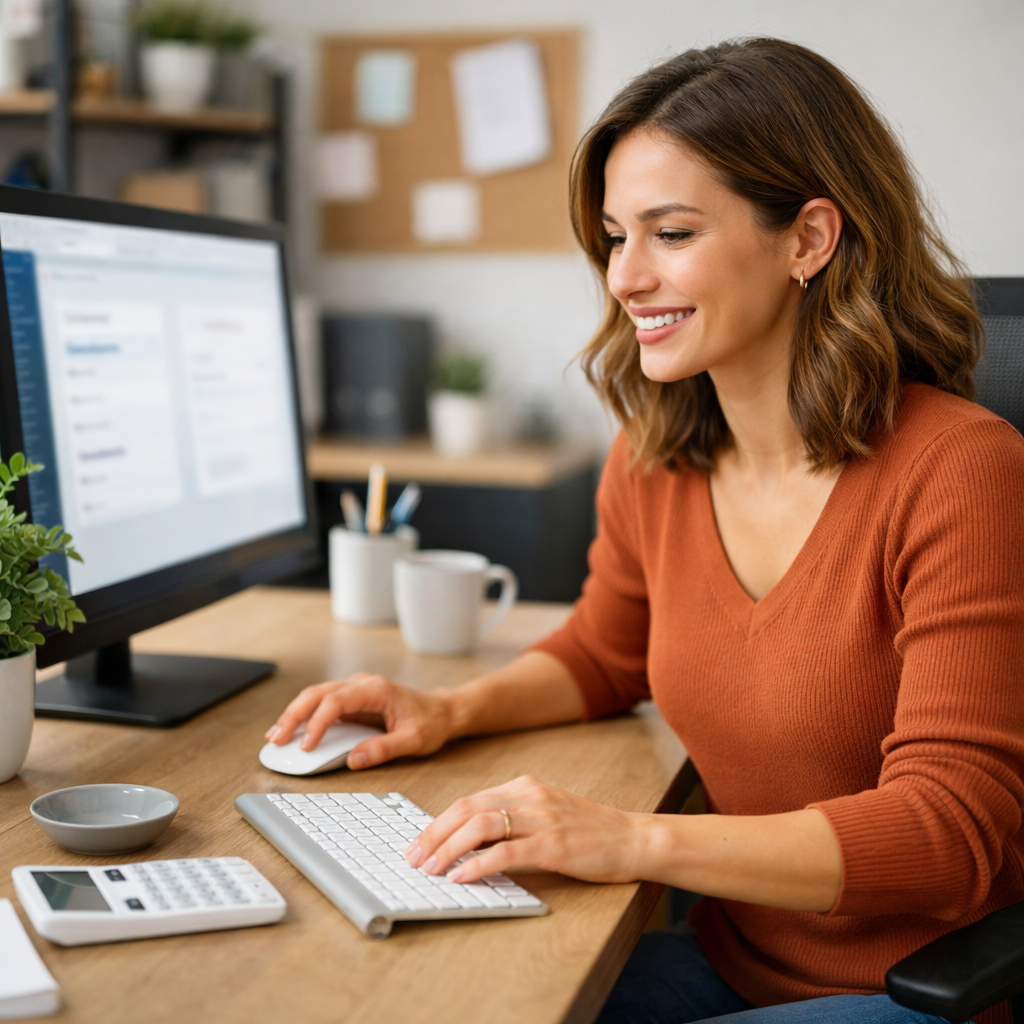 Image of woman doing accountinginvoicing online with ease No paper we dont need to see the content of the screen and no laptop in a office enviroment-1